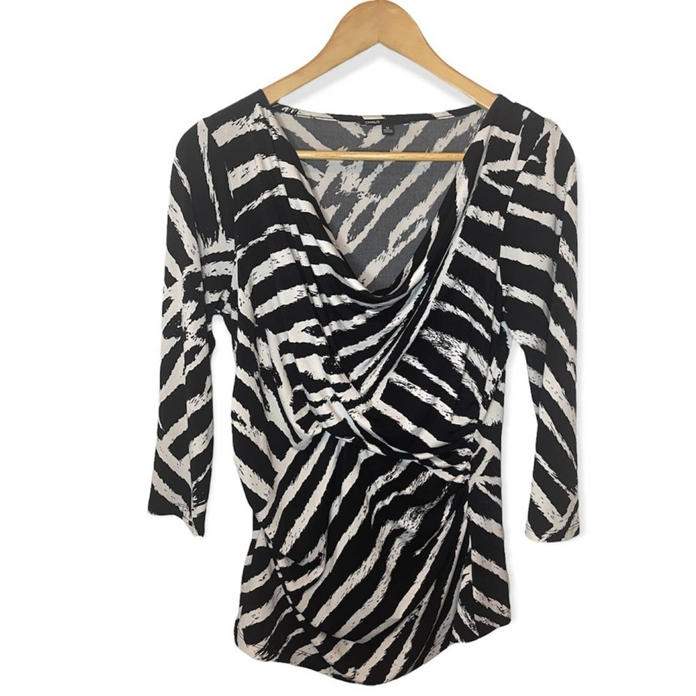 Chaus Black/White 3/4 Sleeve V-Neck‎ Draped Blouse​​​